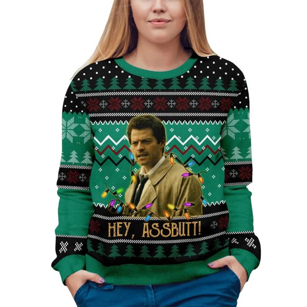 Supernatural Misha Collins Castiel Hey Assbutt Ugly Christmas Sweater 3
