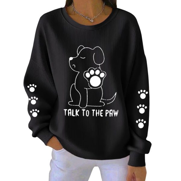 Talk To The Paws Funny Puppy Print Ribbed Pit Striped Sweatshirt 3