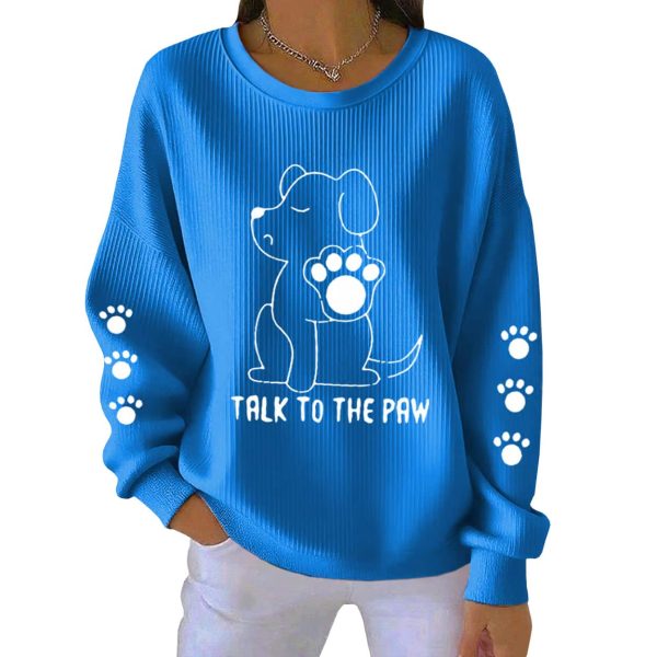 Talk To The Paws Funny Puppy Print Ribbed Pit Striped Sweatshirt 4