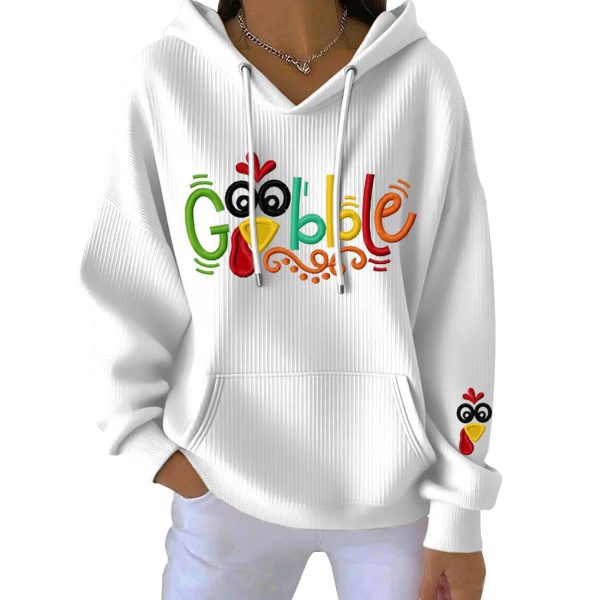 Thanksgiving Gobble Turkey Print Ribbed Pit Striped Hoodie