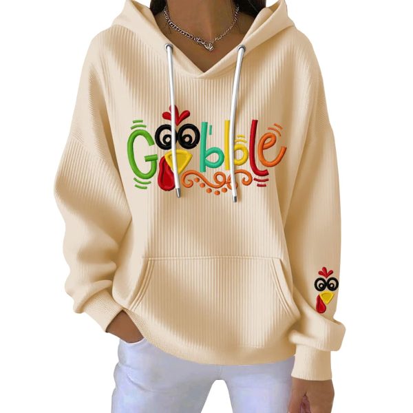 Thanksgiving Gobble Turkey Print Ribbed Pit Striped Hoodie 2