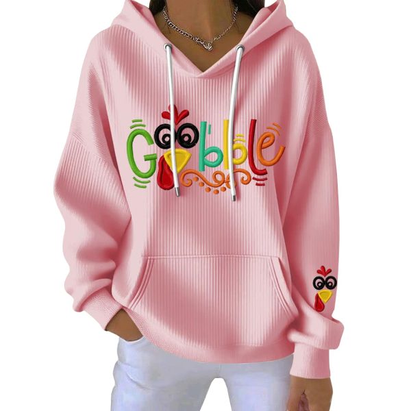 Thanksgiving Gobble Turkey Print Ribbed Pit Striped Hoodie 3