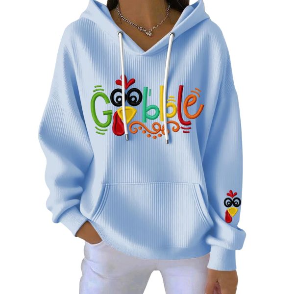 Thanksgiving Gobble Turkey Print Ribbed Pit Striped Hoodie 4