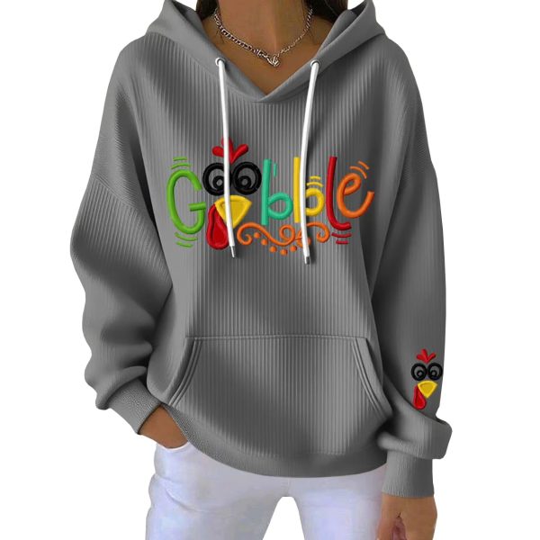 Thanksgiving Gobble Turkey Print Ribbed Pit Striped Hoodie 5