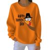 Thanksgiving Happy Turkey Day Print Ribbed Pit Striped Sweatshirt