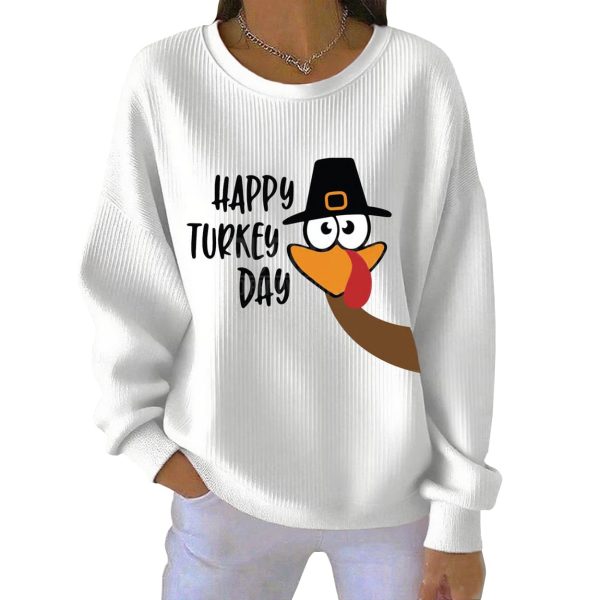 Thanksgiving Happy Turkey Day Print Ribbed Pit Striped Sweatshirt 2