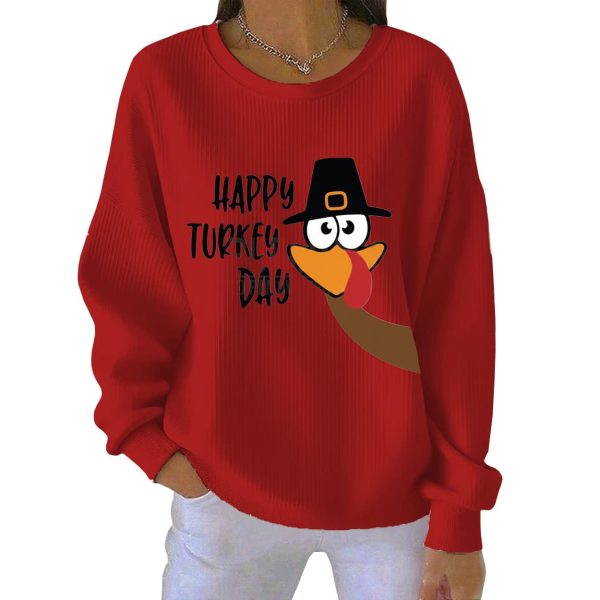 Thanksgiving Happy Turkey Day Print Ribbed Pit Striped Sweatshirt 3