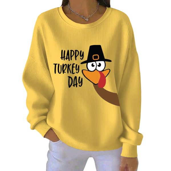 Thanksgiving Happy Turkey Day Print Ribbed Pit Striped Sweatshirt 4