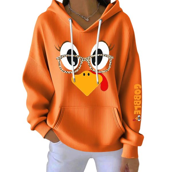 Thanksgiving Turkey Print Ribbed Pit Striped Hoodie