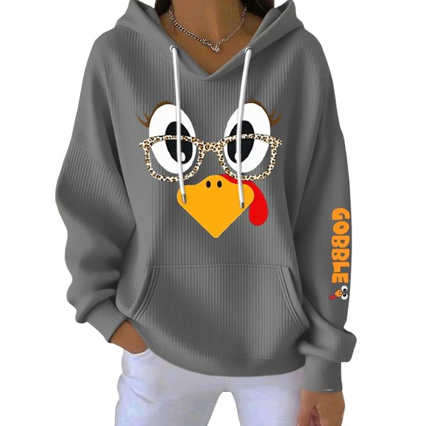 Thanksgiving Turkey Print Ribbed Pit Striped Hoodie 2
