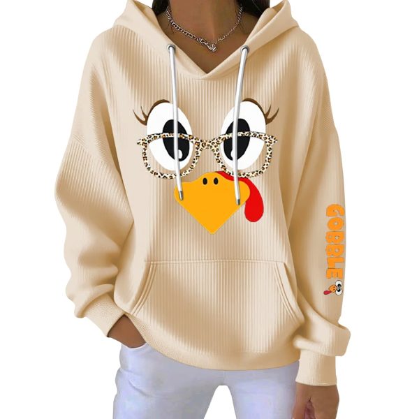 Thanksgiving Turkey Print Ribbed Pit Striped Hoodie 3