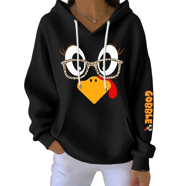Thanksgiving Turkey Print Ribbed Pit Striped Hoodie 4