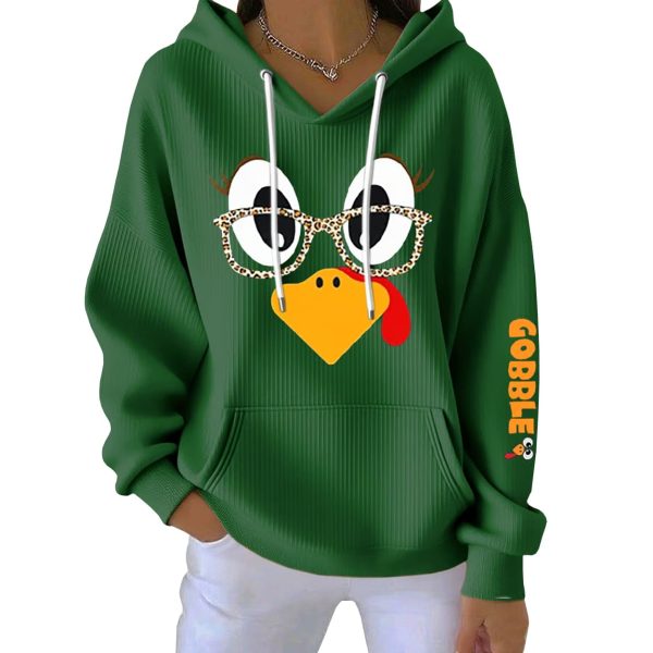 Thanksgiving Turkey Print Ribbed Pit Striped Hoodie 5