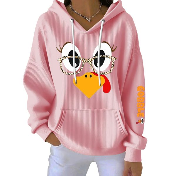 Thanksgiving Turkey Print Ribbed Pit Striped Hoodie 6