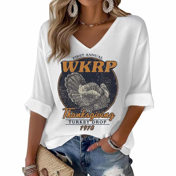 Thanksgiving Turkey Print Waffle V Neck T shirt 2