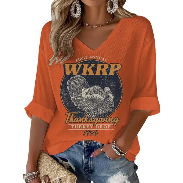 Thanksgiving Turkey Print Waffle V Neck T shirt 3