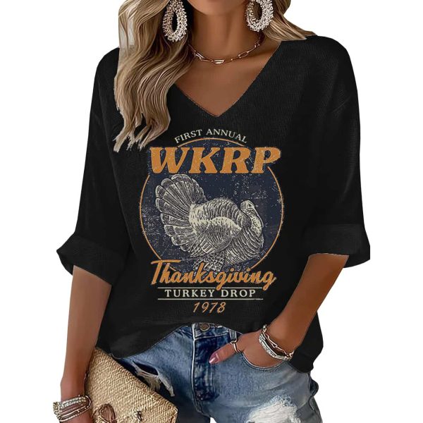Thanksgiving Turkey Print Waffle V Neck T shirt 4