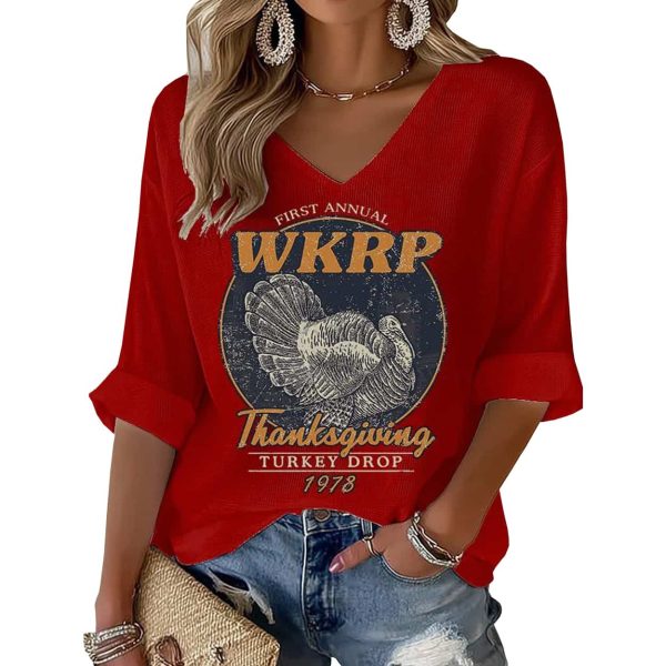 Thanksgiving Turkey Print Waffle V Neck T shirt 5