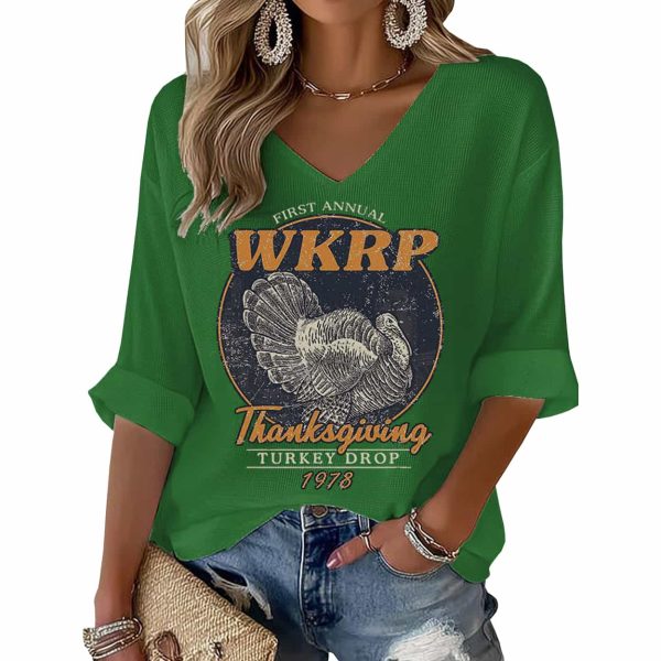 Thanksgiving Turkey Print Waffle V Neck T shirt 6