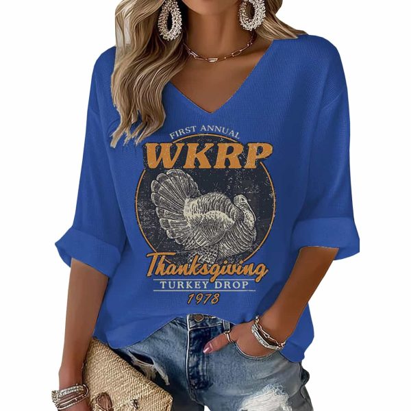Thanksgiving Turkey Print Waffle V Neck T shirt 7