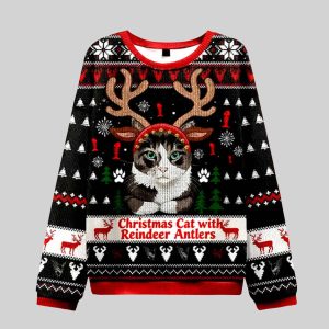 Christmas Cat With Reindeer Antlers Ugly Christmas Sweater