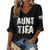 V Neck Retro Aunt Tifa Floral Print Waffle T Shirt 3