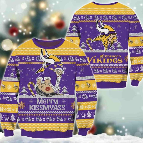 Vikings Merry Kissmyass Santa Claus Ugly Christmas Sweater 2