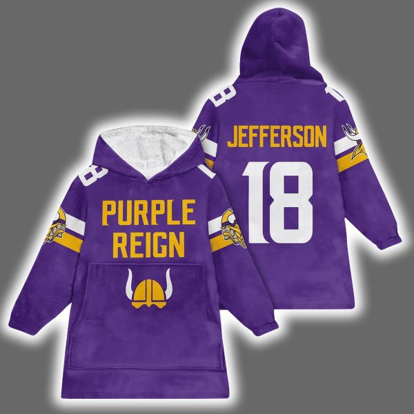 Vikings Purple Reign Justin Jefferson 18 Blanket Hoodie
