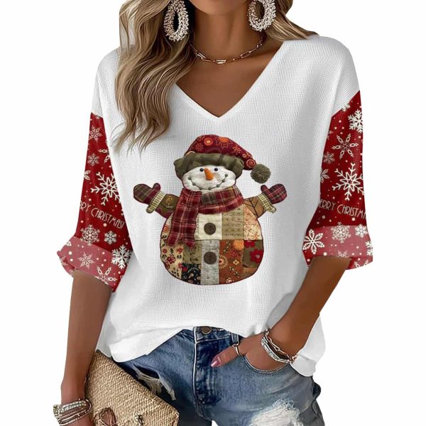 Vintage Christmas Snowman Waffle V-Neck Long Sleeve T-shirt