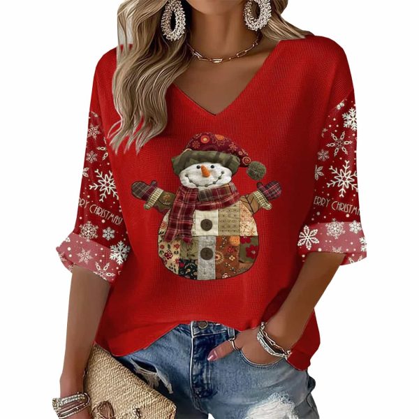 Vintage Christmas Snowman Waffle V Neck Long Sleeve T shirt 2