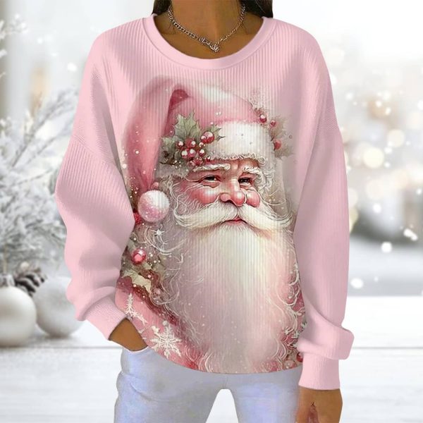 Vintage Pink Christmas Santa Claus Print Casual Sweatshirt 2