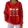 Wine Glass With Santa Hat Print Casual Christmas Pit Striped Sweatshirt