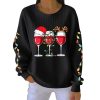 Wine Glass With Santa Hat Print Casual Christmas Pit Striped Sweatshirt 2