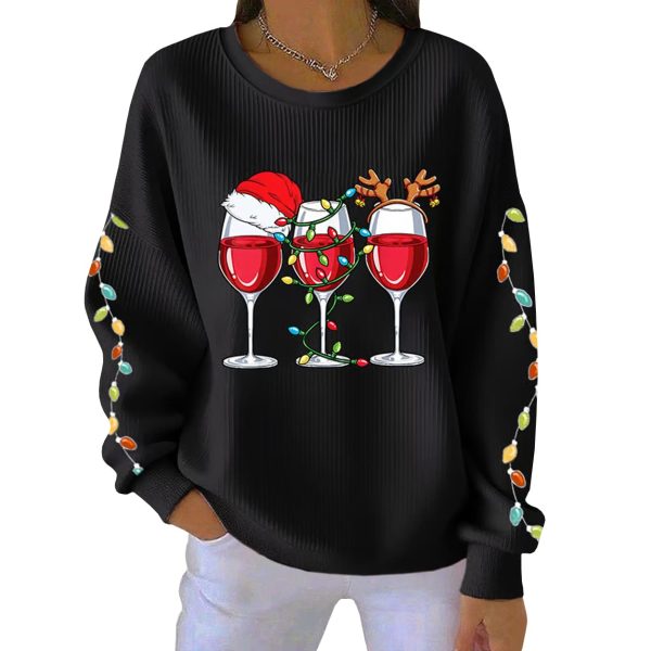 Wine Glass With Santa Hat Print Casual Christmas Pit Striped Sweatshirt 2