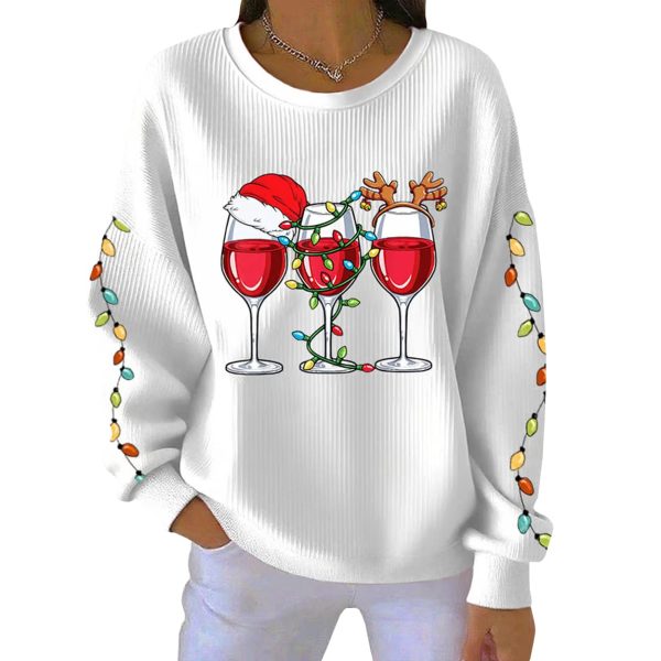Wine Glass With Santa Hat Print Casual Christmas Pit Striped Sweatshirt 4