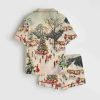 Winter Town Square Art Print Festive Christmas Scene Satin Pajama Set 2