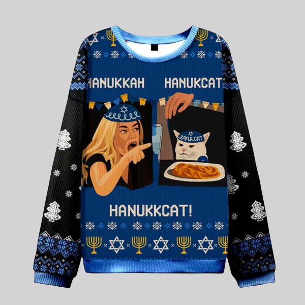 Woman Yelling At A Cat Hanukkcats Ugly Christmas Sweater