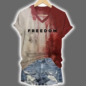 Bloody Freedom Charlie Kirk Print V-Neck T-Shirt