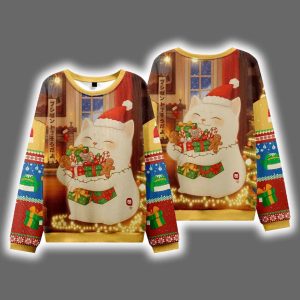Cat Holding Gift Ugly Christmas Sweater