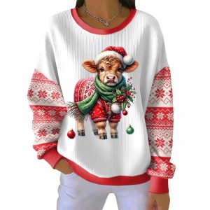 Christmas Highland Cattle Ribbed Pit Striped Round-Neck Sweatshirt