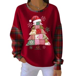 Christmas Tree Print Ribbed Round-Neck Sweatshirt