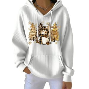 Christmas Vintage Snowman Floral Art Ribbed Hoodie Casual Top