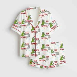 Six Seven Christmas Grnch Skeleton Satin Pajama Set