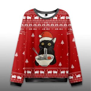 Funny Taking A Cat To Eat Ramen Ugly Christmas Sweater
