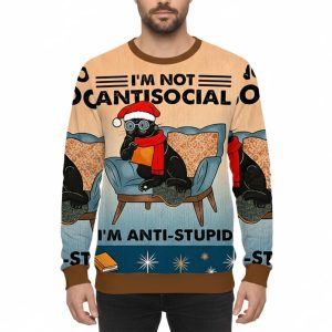 I'm Not Antisocial Black Cat Meme Ugly Christmas Sweater