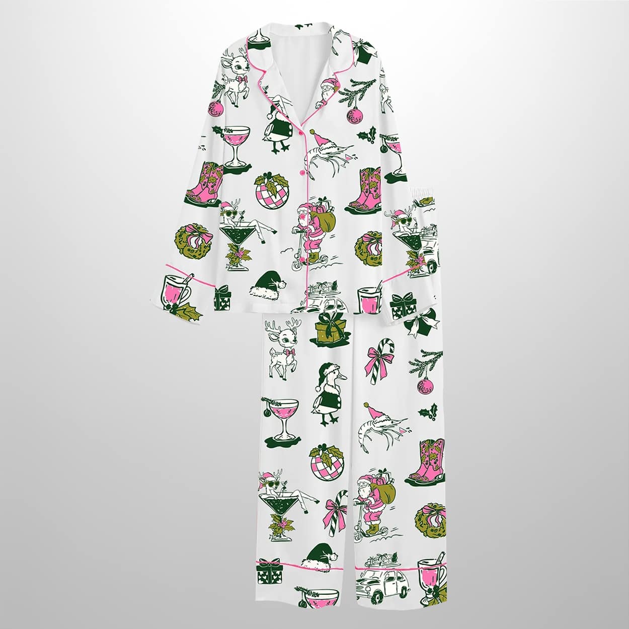 Hand Drawn Christmas Western Holly Jolly Holiday Cocktail Satin Pajama Set 3 Hand Drawn Christmas Western Holly Jolly Holiday Cocktail Satin Pajama Set 3