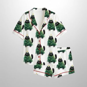 Funny Christmas Cat In Tree Costume Cute Holiday Satin Pajama Set