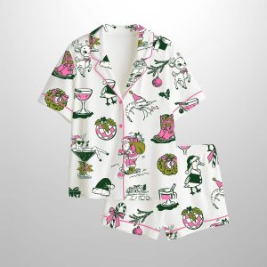 Hand Drawn Christmas Western Holly Jolly Holiday Cocktail Satin Pajama Set