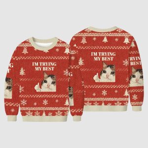 Crying Cat I'm Trying My Best Ugly Christmas Sweater