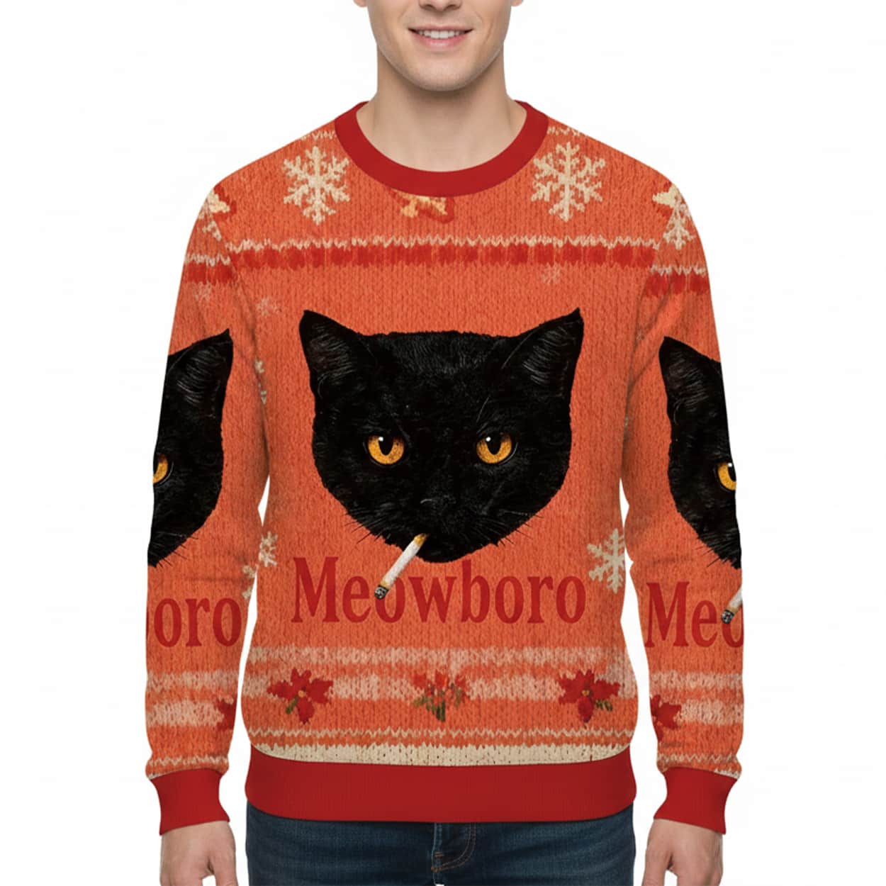 Smoking Black Cat Meowboro Ugly Christmas Sweater Smoking Black Cat Meowboro Ugly Christmas Sweater